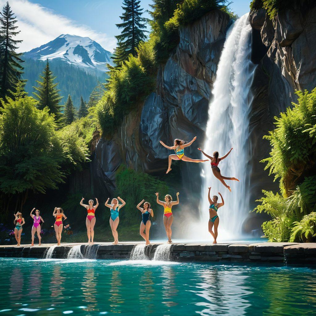 A vibrant summer scene showcasing actors in striking swimwear performing on the stage of Mount Baker Theater, with a backdrop of mountain peaks and lush greenery. Incorporate dynamic water splashes and theatrical lighting that highlight the artistic performances. Include diverse models to reflect inclusivity in fashion. The setting should evoke both the elegance of fashion and the thrill of live performances. colorful illustration. vivid colors. 3D style.