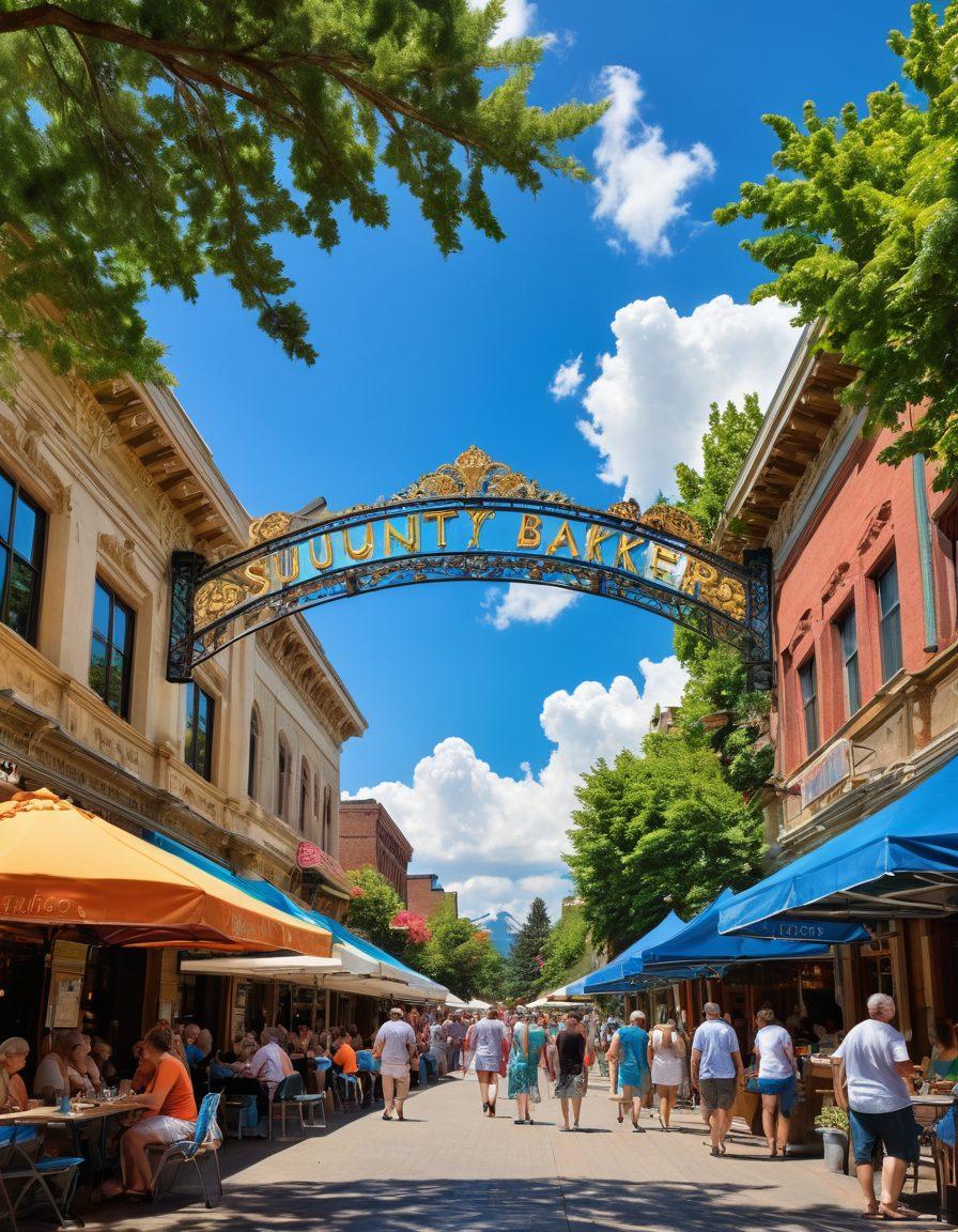 A vibrant summer scene outside the historic Mount Baker Theater, featuring people enjoying an outdoor art festival, colorful banners fluttering, and lush greenery surrounding the building. The sky is blue with fluffy white clouds, and the theater's ornate architecture shines in the sunlight. Artists are painting and displaying their work, while joyful visitors are mingling and enjoying the ambiance. The atmosphere is alive with creativity and summer fun. vibrant colors. super-realistic.